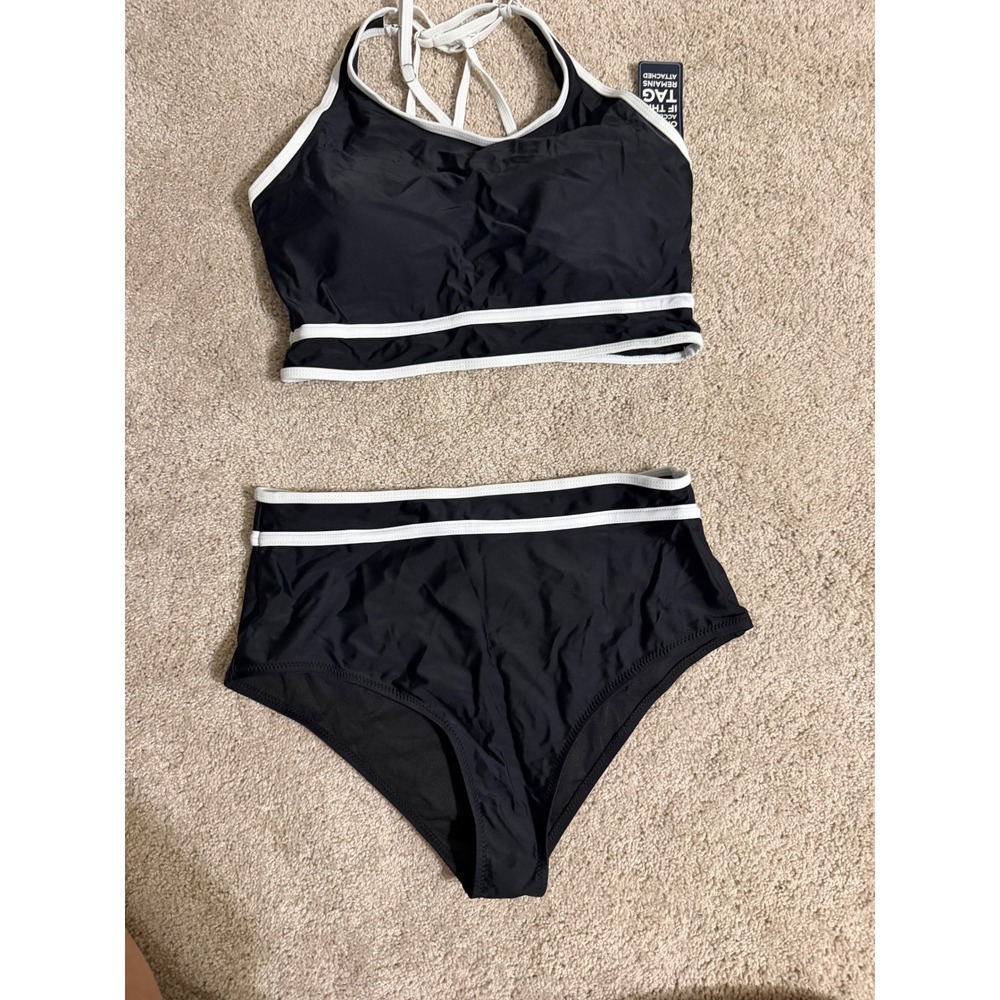 BMJL Womens Large Black White Striped High Waisted Bikini Set Strappy Back NEW
